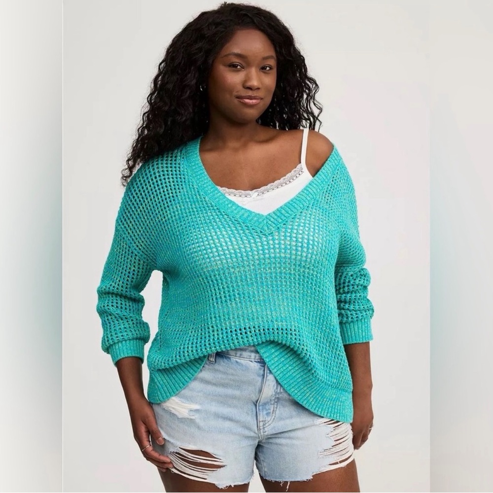 torrid Turquoise Open-Knit V-Neck Sweater